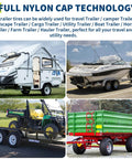 Various types of trailers including travel, camper, utility, boat, and farm trailers displayed with full nylon cap technology tires.