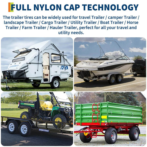 Collage of trailers: camper, boat, ATV utility, and farm with full nylon cap technology description text.
