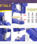 Details of Heavy Duty Hand Press Eyelet Grommet Machine Kit With Dies, showing interchangeable dies and installation mechanism.