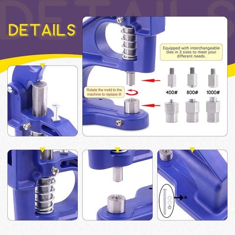 Details of Heavy Duty Hand Press Eyelet Grommet Machine Kit With Dies, showing interchangeable dies and installation mechanism.