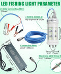 Diagram of Beast Bright 160W Submersible Fishing Light With 80000 Lumens, showing wires, LED driver, and clips with measurements.