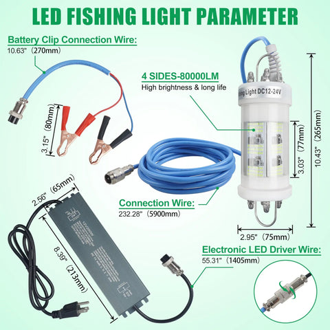Diagram of Beast Bright 160W Submersible Fishing Light With 80000 Lumens, showing wires, LED driver, and clips with measurements.