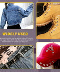 Heavy Duty Hand Press Eyelet Grommet Kit With 3 Dies 0 2 4 And 3000 Grommets showing uses on jacket, boots, belt, and cap