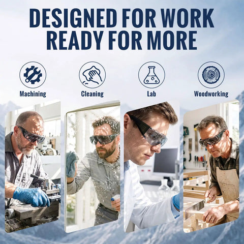 Fifty Pack Tough As Nails Safety Glasses For Crews And Jobsites Featuring Anti Fog Polycarbonate Lenses used in machining and lab work.