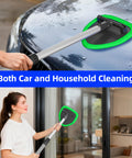 Person cleaning car windshield and window with Extendable Car Window Cleaner With Four Reusable Microfiber Pads Aluminum Pole And 50ml Spray Bottle Inside Glass Wiper Kit For Easy No Back Pain Windshield Cleaning From The Inside.
