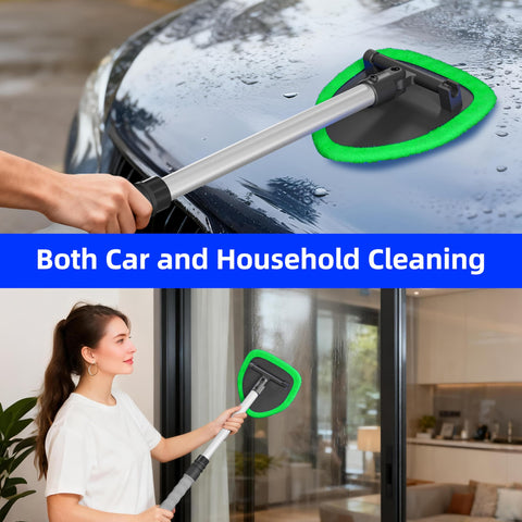 Person cleaning car windshield and window with Extendable Car Window Cleaner With Four Reusable Microfiber Pads Aluminum Pole And 50ml Spray Bottle Inside Glass Wiper Kit For Easy No Back Pain Windshield Cleaning From The Inside.