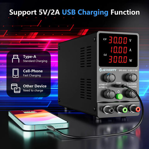 Variable DC Power Supply 0-30V 0-10A, Adjustable Bench Regulated Switching Power Supply With 4-Digit LED, USB Charging