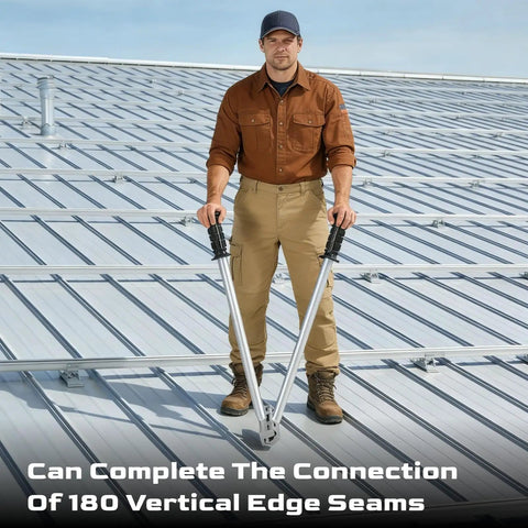Worker using Two-In-One Hand Seamer For Standing Seam Roofing And Siding, Heavy-Duty Vertical Seams Drip Edge Hem Bender on metal roof.