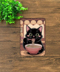 Retro Style Cat Eating Ramen Metal Sign 8x12 Inch Tin Sign Poster For Home Office Garage Decor on wooden background