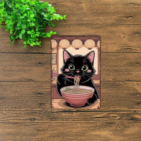 Retro Style Cat Eating Ramen Metal Sign 8x12 Inch Tin Sign Poster For Home Office Garage Decor on wooden background
