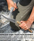 Man using Rock Hounding Kit With 22 Oz Hammer And 3 Chisels Set Dope Musette Bag Jeweler Loupe And Gloves For Gold Prospecting in quarry