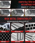 Variety of welding rods and compatible metals for 110V Pulse Welder For DIY Pros, 20 To 200A 2 In 1 Stick And TIG applications.