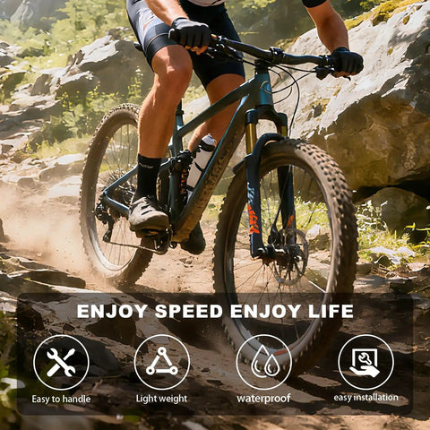 Mountain biker on rugged trail showcasing 10 Speed Rear Derailleur Direct Mount With SGS Long Cage For Mountain Bikes RD M6000 SGS.