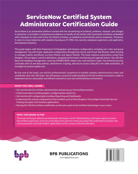 Book cover: ServiceNow Certified System Administrator Certification Guide; purple gradient and BPB Publications logo
