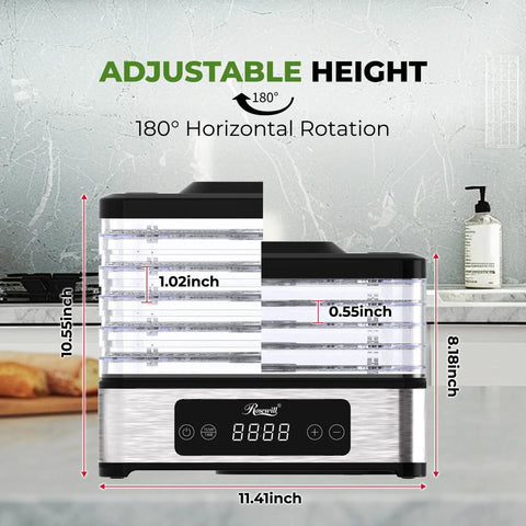 Compact 5 Tray Food Dehydrator With 48 Hour Timer And Adjustable Temp Control Legit 400W Electric Food Dryer side view showing adjustable height.
