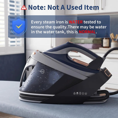 Pro Level 1800W Steam Station For Clothes With A Spiffy 1.5 Liter Pop Out Tank showing water tank with droplets.