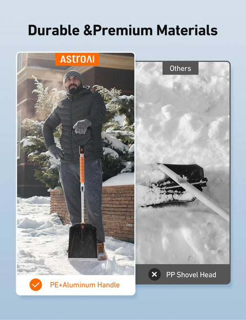 Man using Lightweight Plastic Snow Shovel With Extendable Handle For Driveways And Cars Rugged Yet Portable Easy Buckle Assembly