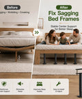 Before and after showing Heavy Duty Adjustable Bed Frame Support Legs Built Tough Straight Up Solid Game Changer Ends Wobbly Slats Center Post Reinforcement Kit.