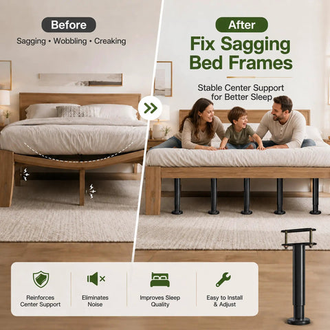 Before and after showing Heavy Duty Adjustable Bed Frame Support Legs Built Tough Straight Up Solid Game Changer Ends Wobbly Slats Center Post Reinforcement Kit.