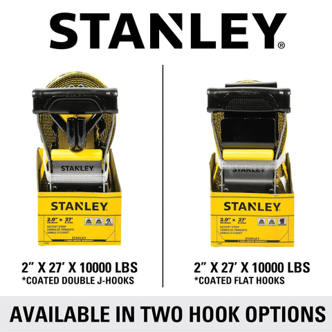 Heavy Duty Ratchet Strap 2 X 27 Feet Featuring A Tough As Nails 10000 Pound Rating Double J Hooks And Padded Grip shown in two hook options.