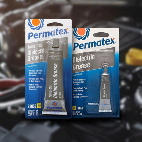 Two Permatex dielectric grease tubes in blue packaging for automotive electrical connections (3 oz and 0.33 oz).