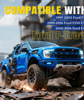 Blue Ford F-Truck compatible with 1997-2016 F150, F250, F350, F450 models amidst industrial backdrop