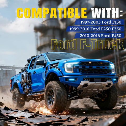 Blue Ford F-Truck compatible with 1997-2016 F150, F250, F350, F450 models amidst industrial backdrop