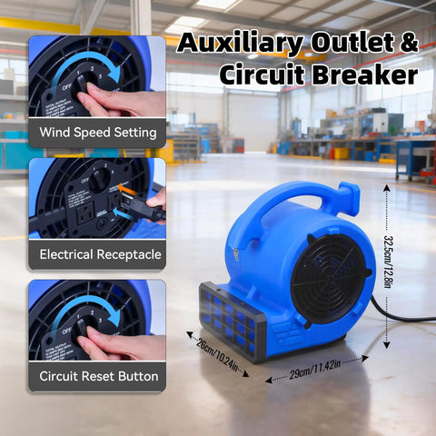Heavy-Duty 1/4 HP 1000 CFM Air Mover Blower Fan showing auxiliary outlet and circuit breaker in a workshop setting