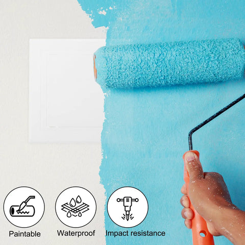 White 12X10 Inch Removable Hinged Access Panel For Drywall Plumbing And Electrical Wiring Featuring No Sweat Setup and paint roller painting wall.