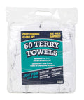 Mega Absorbent Terry Cloth Rags Pack Of 60 14 By 17 Inches 100 Percent Cotton Cleaning Towels For Kitchen Auto Shop And Bar Use Machine Washable White in plastic packaging with label.
