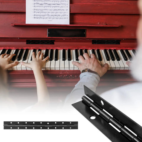 Six Pack Rock Solid Black Piano Hinges 18 Inch Heavy Duty Continuous Barrel Hinges For Cabinets next to piano keys.