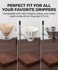 Solid Black Walnut Pour Over Coffee Maker Stand With Adjustable Stainless Steel Dripper Holder showcasing three dripper types on a wooden base.