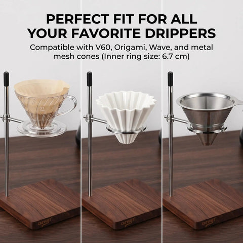 Solid Black Walnut Pour Over Coffee Maker Stand With Adjustable Stainless Steel Dripper Holder showcasing three dripper types on a wooden base.