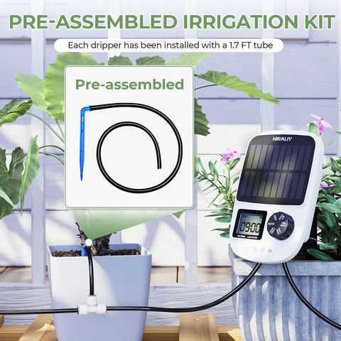 Solar Powered Drip Irrigation System With Automatic Timer For Pots And Indoor Plants, showing pre-assembled tube and emitter stake.