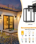Built Tough Black Outdoor Wall Lantern With Waterproof Exterior Sconce featuring E26 socket, showcasing dimensions and recommended bulbs.
