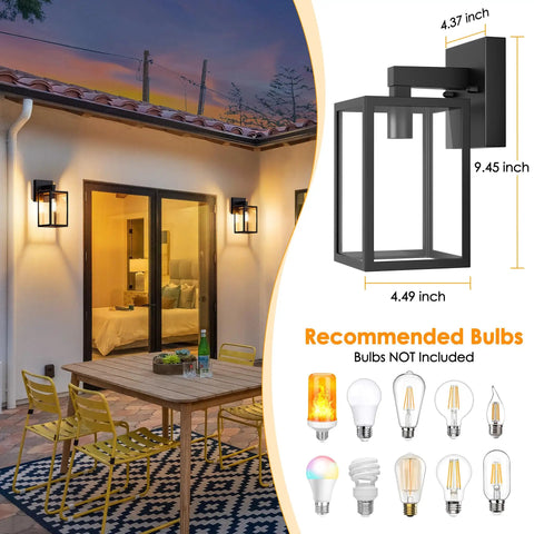 Built Tough Black Outdoor Wall Lantern With Waterproof Exterior Sconce featuring E26 socket, showcasing dimensions and recommended bulbs.