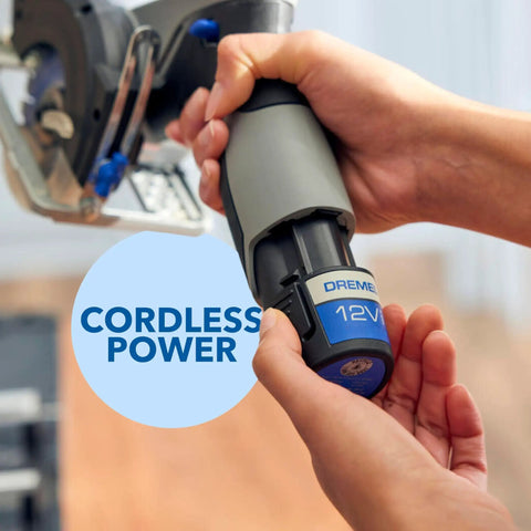 Hands holding a 12V brushless cordless saw, part of the Portable Saw Station Kit With 12V Brushless Compact Circular Saw And Multi Purpose Cutting Case For Easy Miter Bevel Straight And Rip Cuts For DIY Projects And Home Renovations.