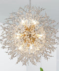 Gold 12 Light Modern Crystal Firework Chandelier with Dandelion Burst Design, Lit Rainbow Glow, Stainless Steel Pendant