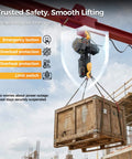 Shop Ready Electric Chain Hoist With 2200 Lb Capacity lifting crate on construction site, emergency and protection features highlighted.
