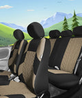Universal Car Seat Covers Full Set Premium Cloth Beige For SUV And Sedan displayed in car interior with mountain backdrop.