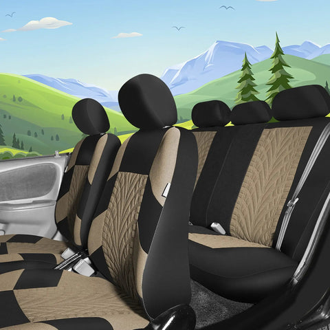 Universal Car Seat Covers Full Set Premium Cloth Beige For SUV And Sedan displayed in car interior with mountain backdrop.