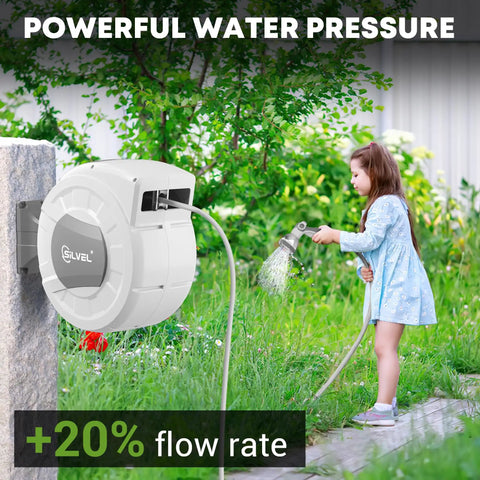 Heavy Duty Retractable Garden Hose Reel With 100 Ft Of Half Inch Hose, Wall Mount No Tangle Auto Lock at Any Length in use