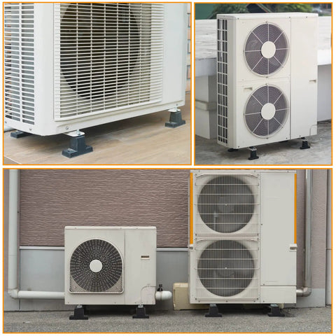 Outdoor air conditioner condensers mounted on four pack anti vibration rubber pads for ductless mini split units, pro grade.