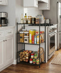 Three Tier Metal Storage Shelf Organizer For Small Spaces With Adjustable Feet Space Saving Heavy Duty Shelving Unit For Kitchen Garage And Laundry Room Each Shelf Supports Up To 100 Lbs Black, shown in a kitchen with items.
