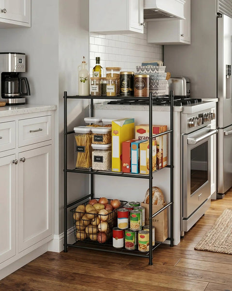 Three Tier Metal Storage Shelf Organizer For Small Spaces With Adjustable Feet Space Saving Heavy Duty Shelving Unit For Kitchen Garage And Laundry Room Each Shelf Supports Up To 100 Lbs Black, shown in a kitchen with items.