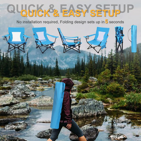 Heavy Duty Folding Beach Chair Set, 2 Pack For Outdoors, shown with carry bag in outdoor setting, sturdy steel frame, blue.