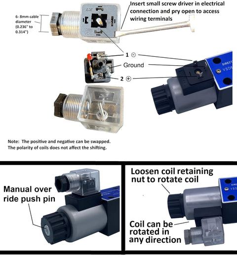 Diagram and parts of a heavy duty hydraulic solenoid valve showing wiring and manual override push pin with coil rotation instructions.