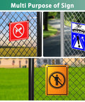 Chain Link Fence Sign Mount Bracket Set 12 Pack Fastener Clips For Standard Fence Sign Mounting And Banner Display Durable Plastic With Stainless Steel Bolt For Secure Easy Attachment displaying multiple signs on different fences