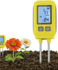 4 In 1 NPK Soil Tester with Real Time Readings, Temperature And LCD Backlit Display shown in garden soil next to flowers.