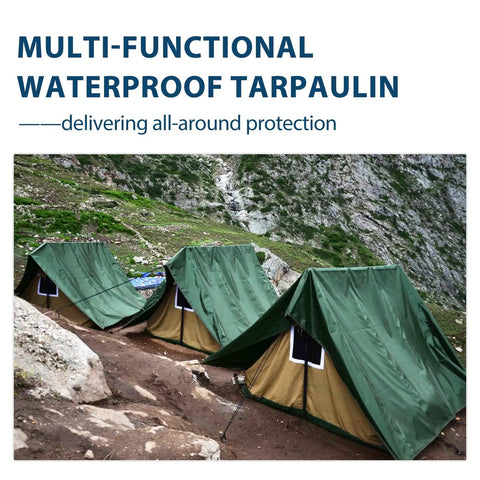 Heavy Duty Waterproof Tarp 10x12 Green For Camping And Outdoors covering tents in mountainous terrain